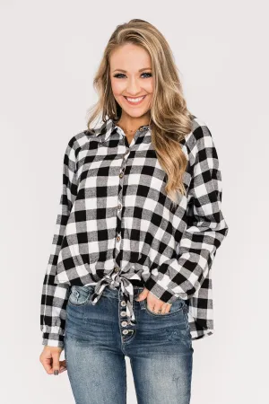 Takes Me Back Front Tie Plaid Top-Black & White