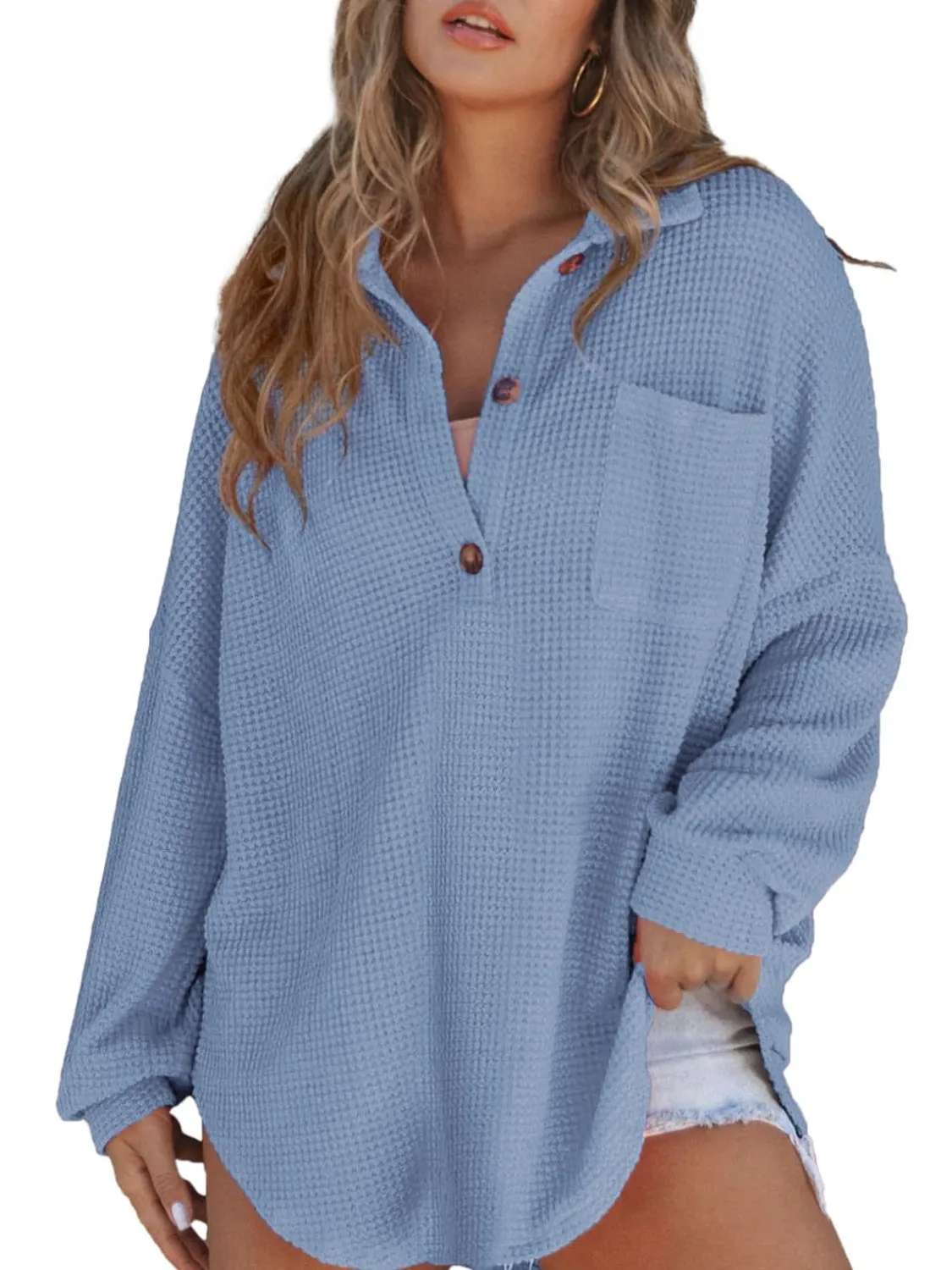 Tasha Waffle-Knit Dropped Shoulder Long Sleeve