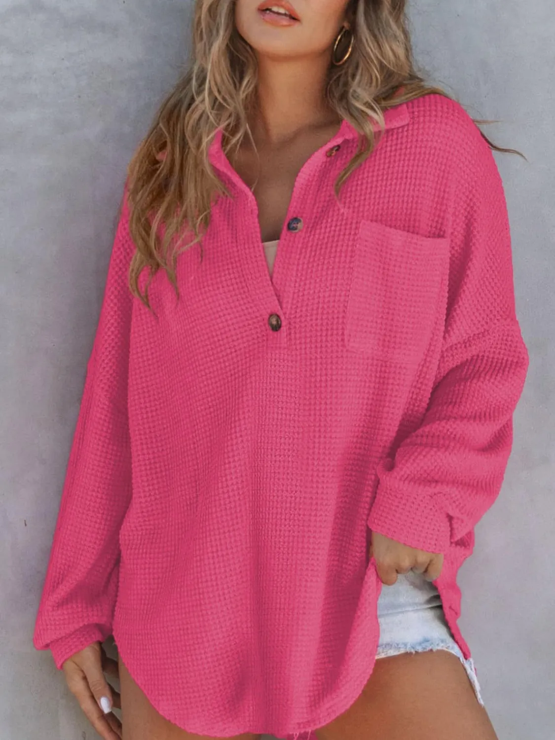 Tasha Waffle-Knit Dropped Shoulder Long Sleeve