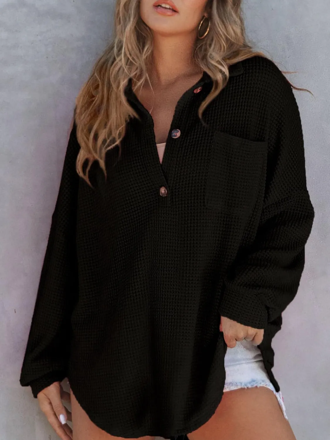 Tasha Waffle-Knit Dropped Shoulder Long Sleeve