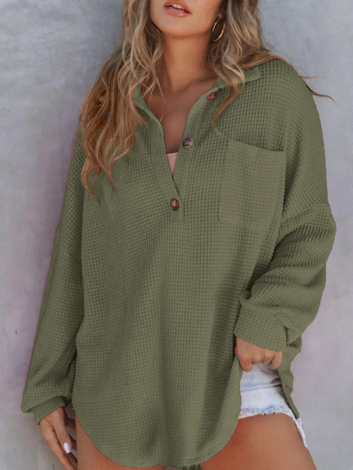 Tasha Waffle-Knit Dropped Shoulder Long Sleeve