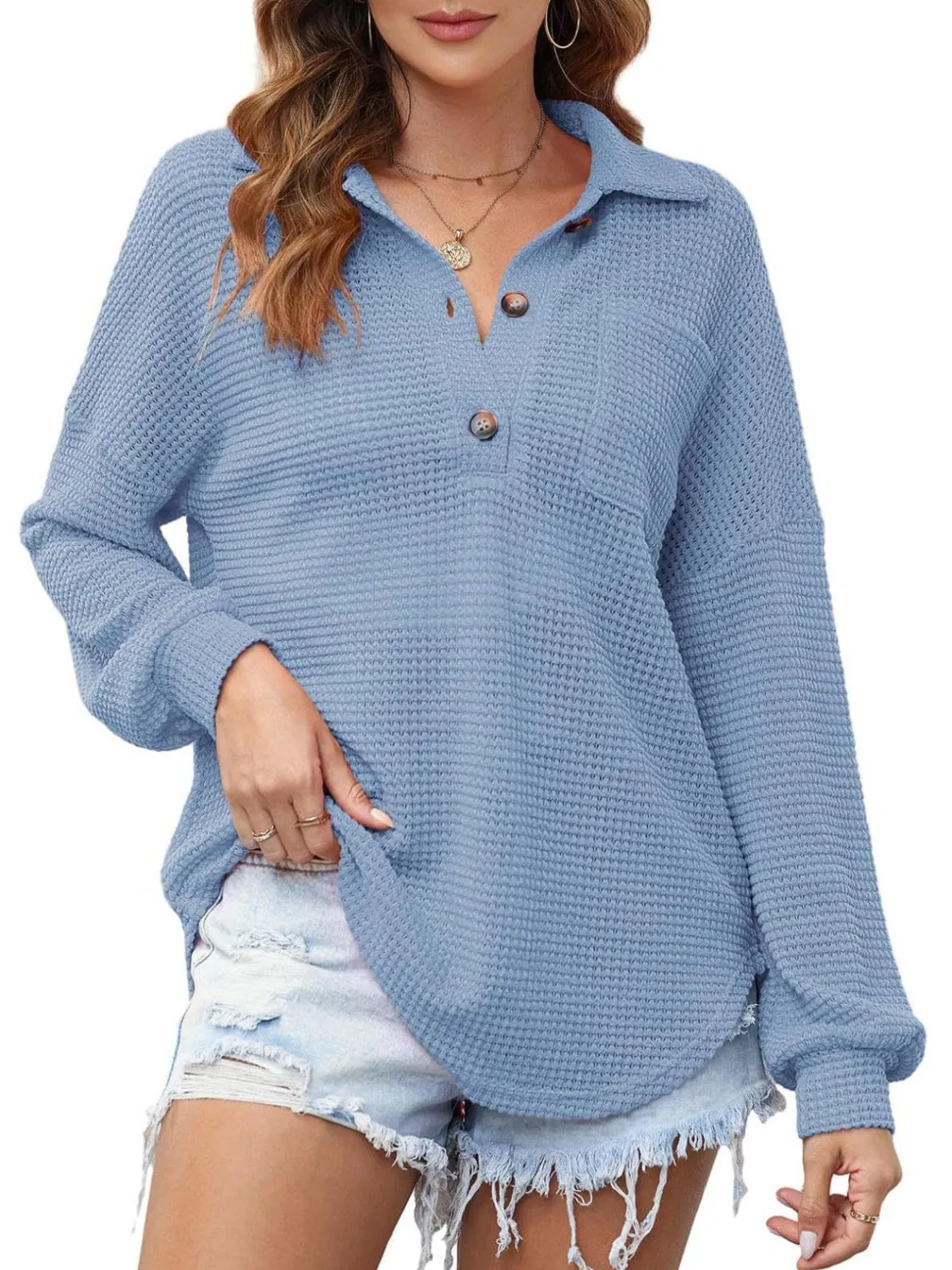 Tasha Waffle-Knit Dropped Shoulder Long Sleeve