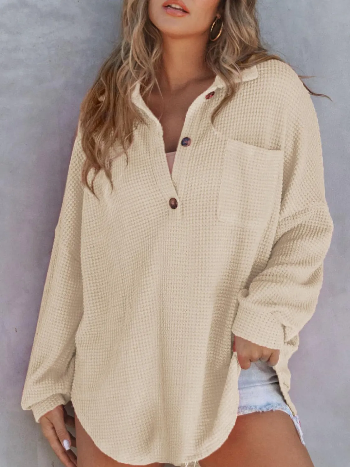 Tasha Waffle-Knit Dropped Shoulder Long Sleeve