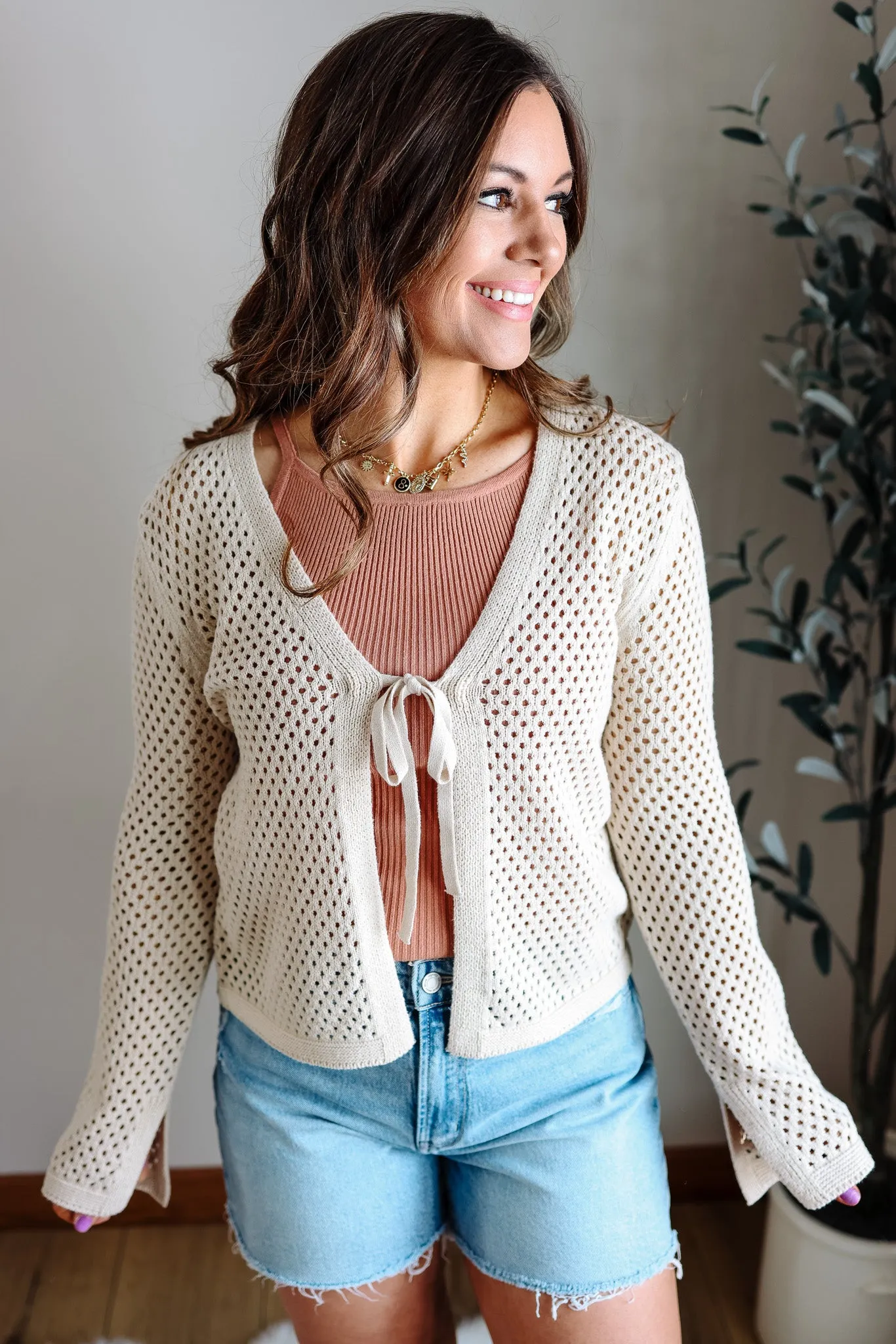 Tatum Front Tie Crochet Cardigan - Ecru