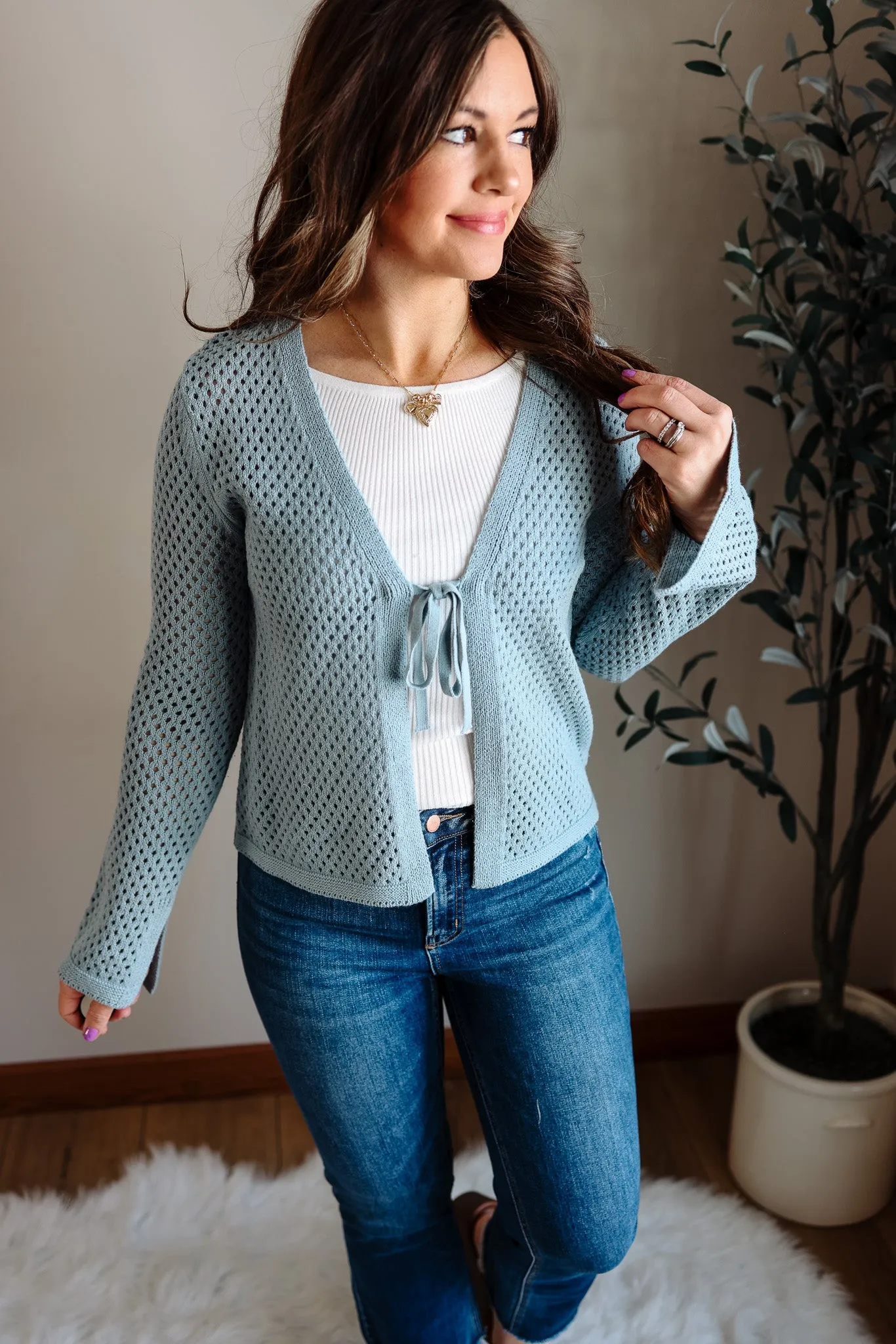 Tatum Front Tie Crochet Knit Cardigan - Seafoam