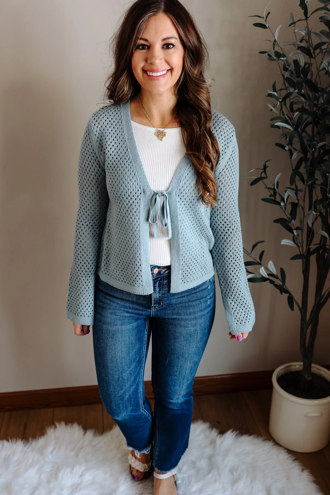 Tatum Front Tie Crochet Knit Cardigan - Seafoam