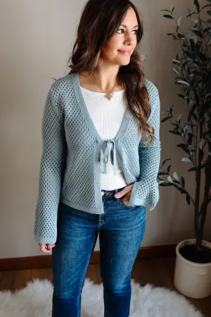 Tatum Front Tie Crochet Knit Cardigan - Seafoam