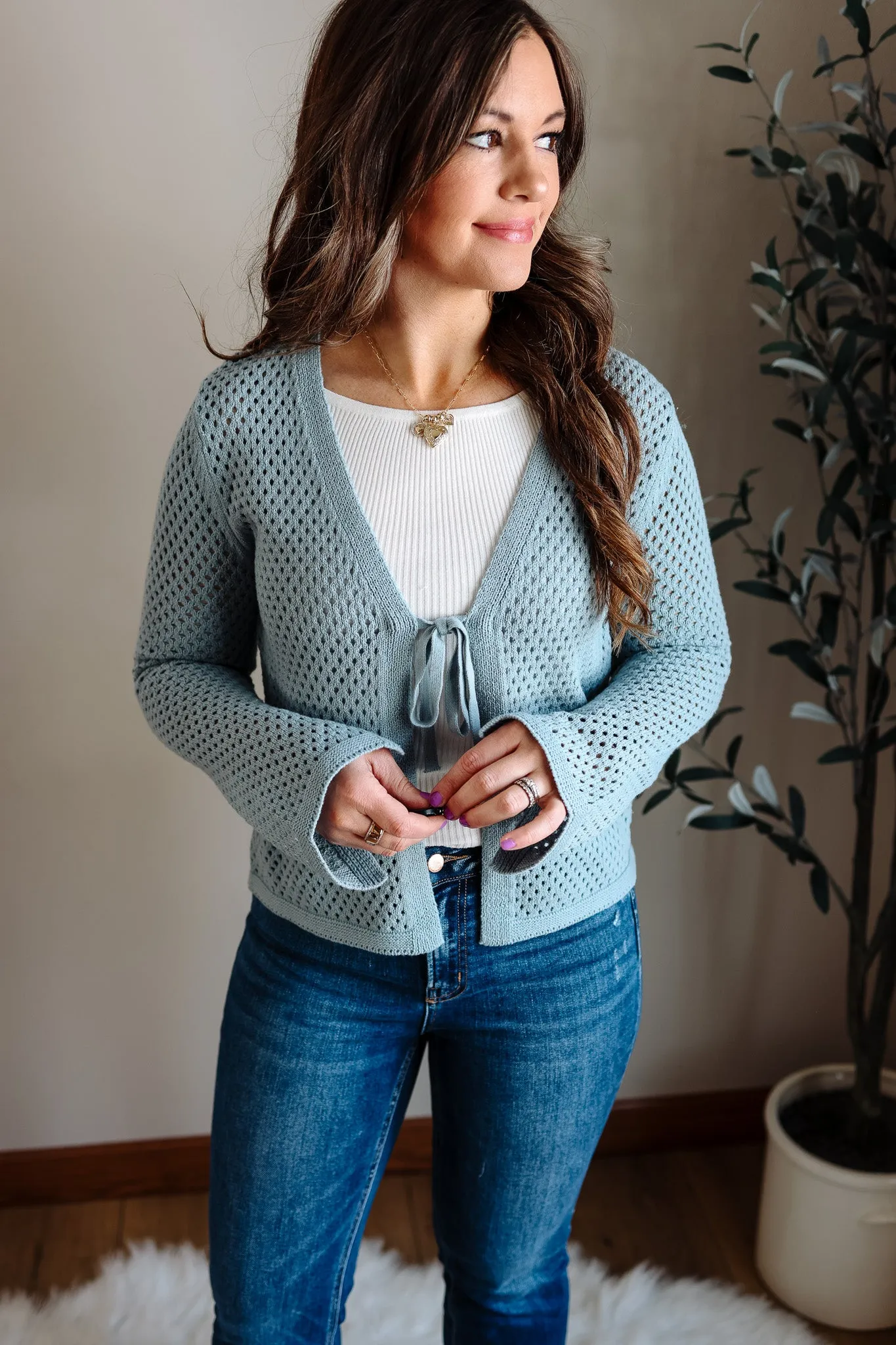 Tatum Front Tie Crochet Knit Cardigan - Seafoam