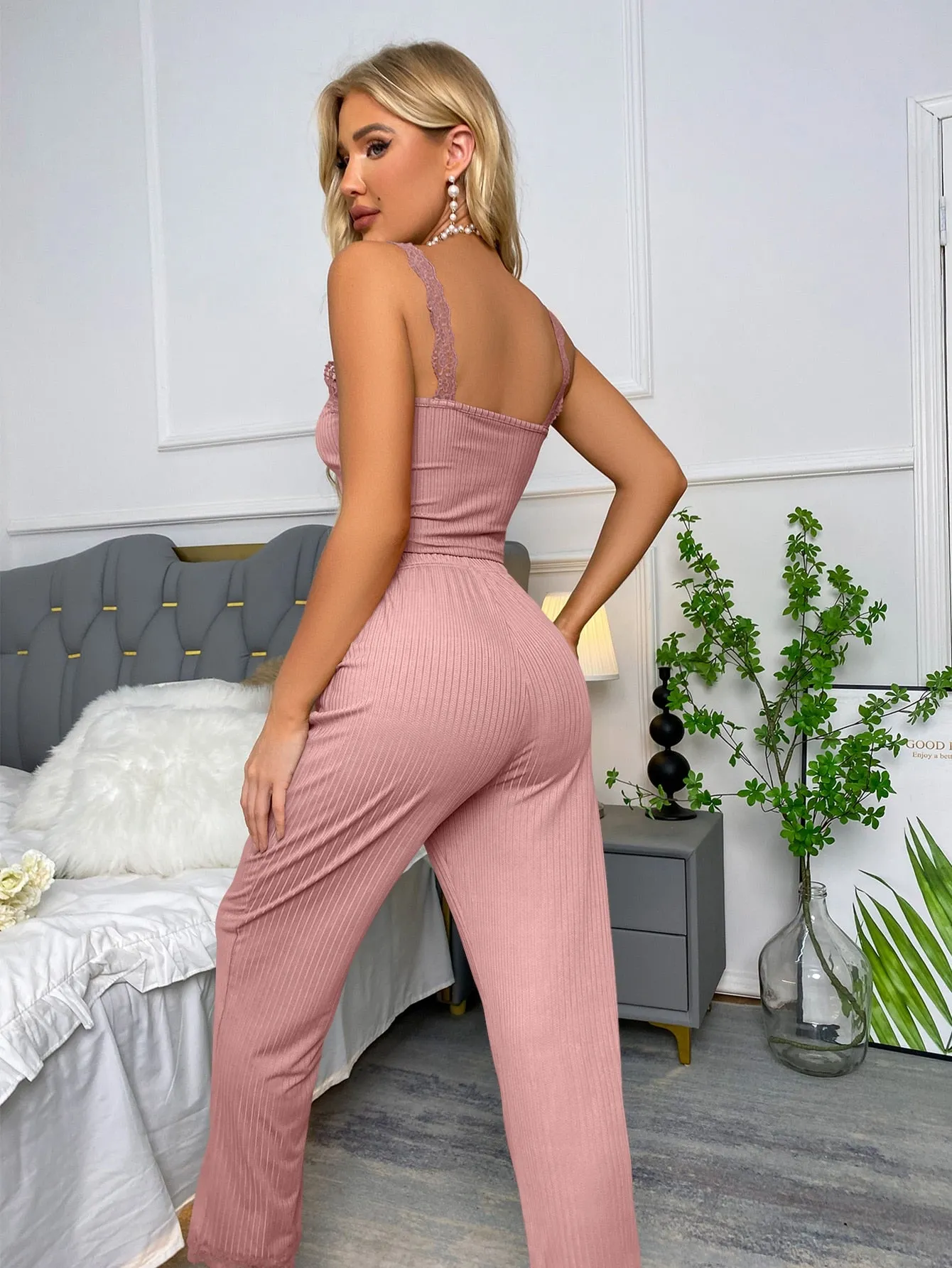 Textured Fake Button Contrast Lace Tie Front PJ Set