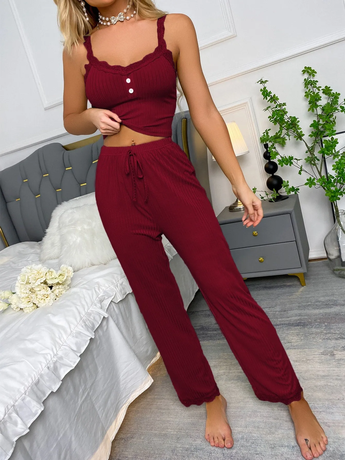 Textured Fake Button Contrast Lace Tie Front PJ Set