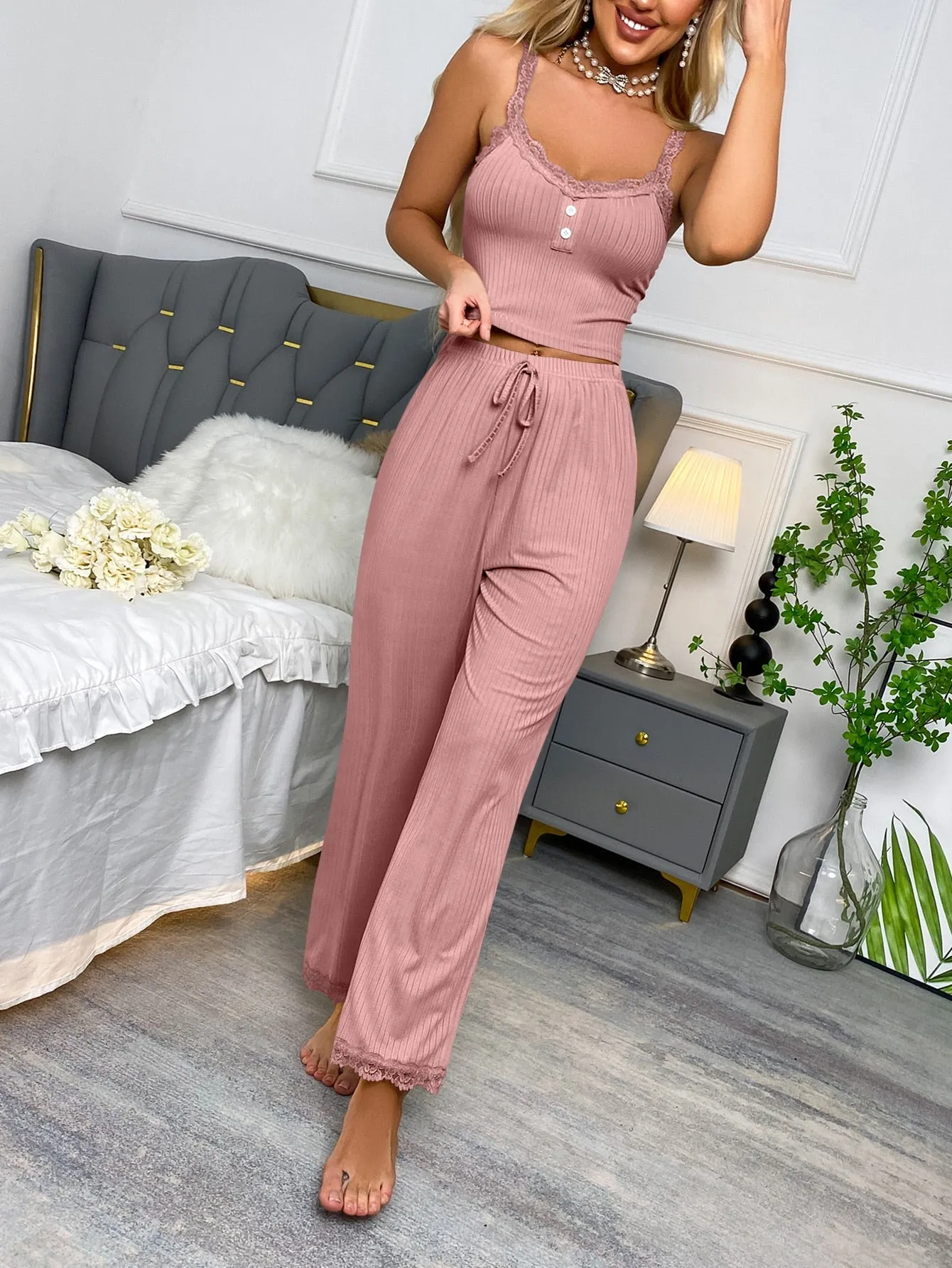 Textured Fake Button Contrast Lace Tie Front PJ Set