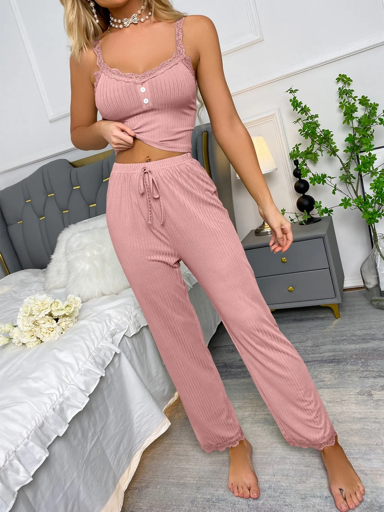 Textured Fake Button Contrast Lace Tie Front PJ Set