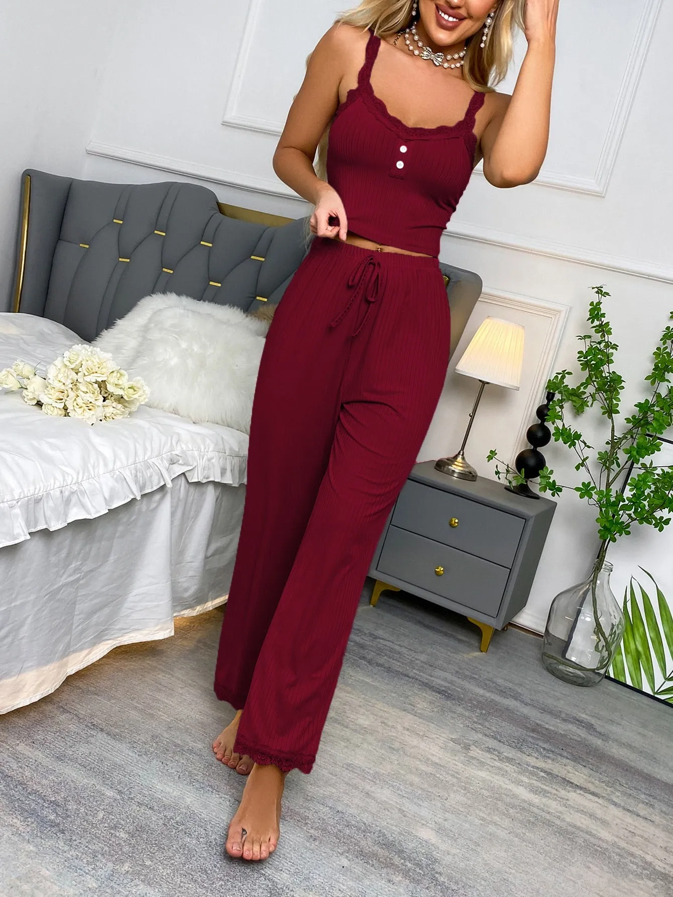 Textured Fake Button Contrast Lace Tie Front PJ Set