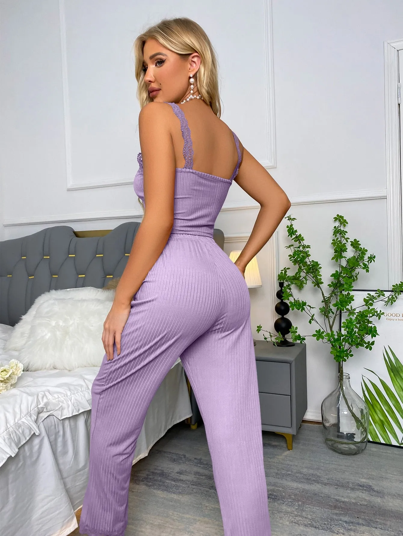 Textured Fake Button Contrast Lace Tie Front PJ Set