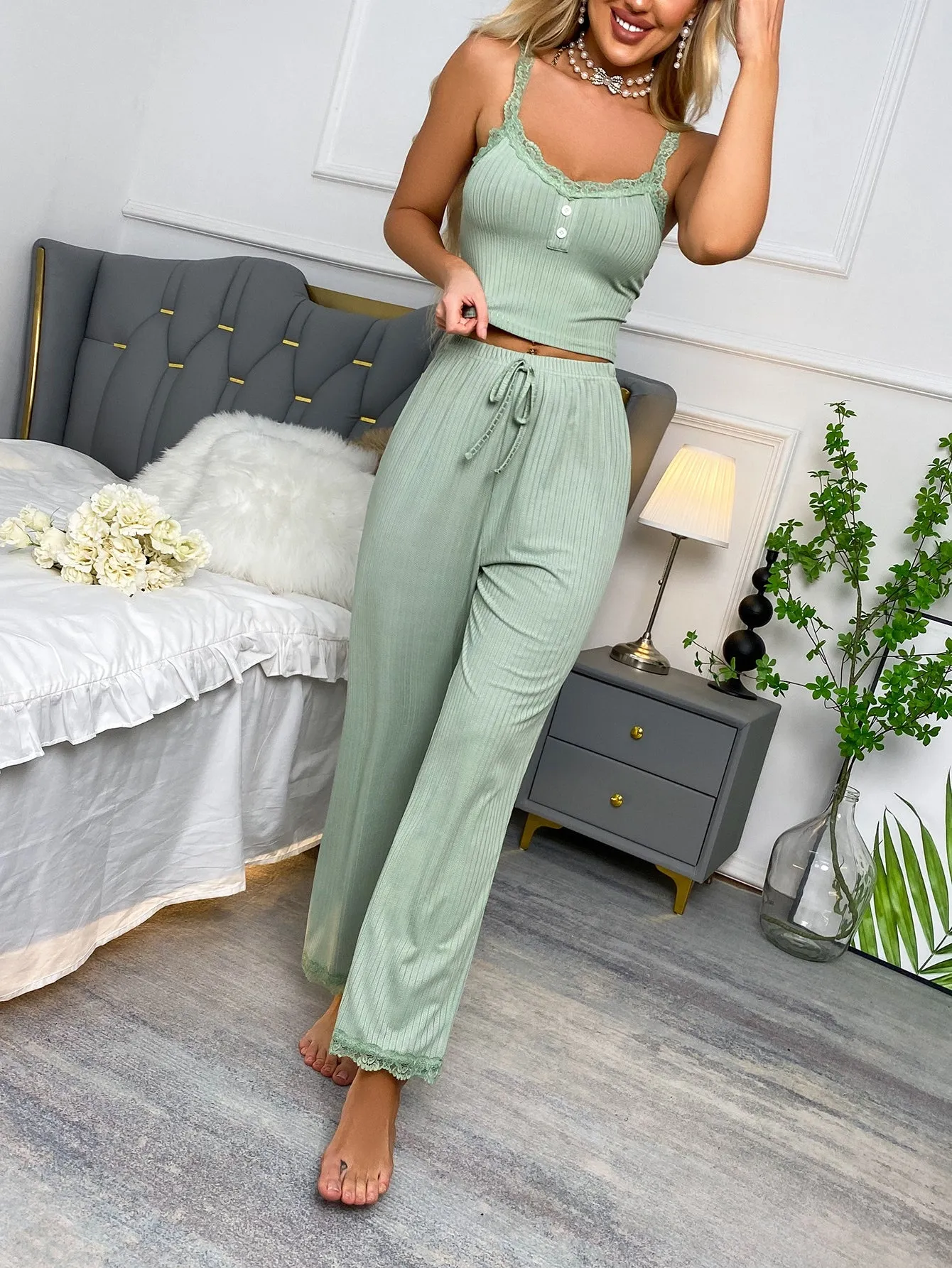 Textured Fake Button Contrast Lace Tie Front PJ Set