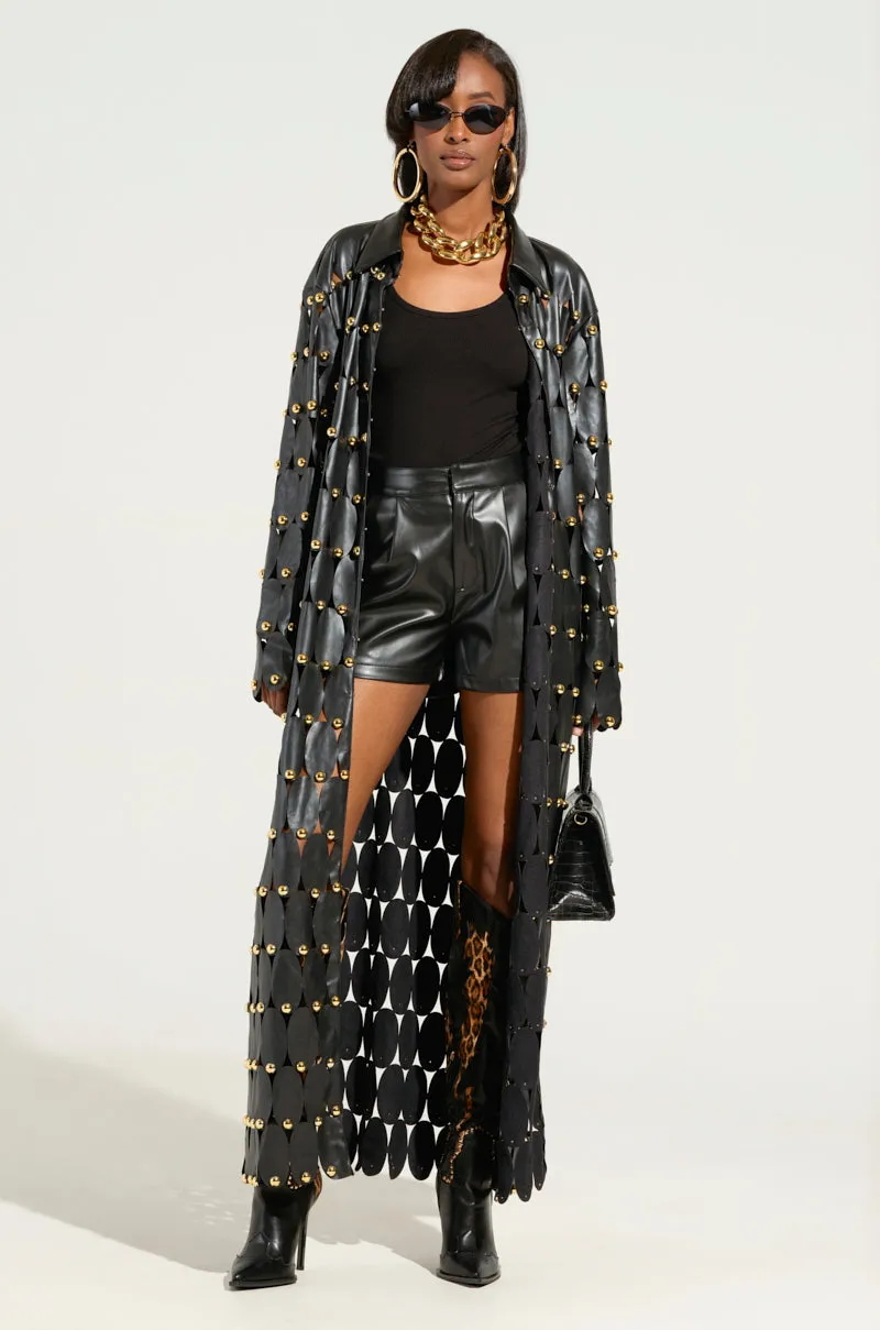 THE SNEAK PEEK STUDDED PU LONG CARDIGAN IN BLACK