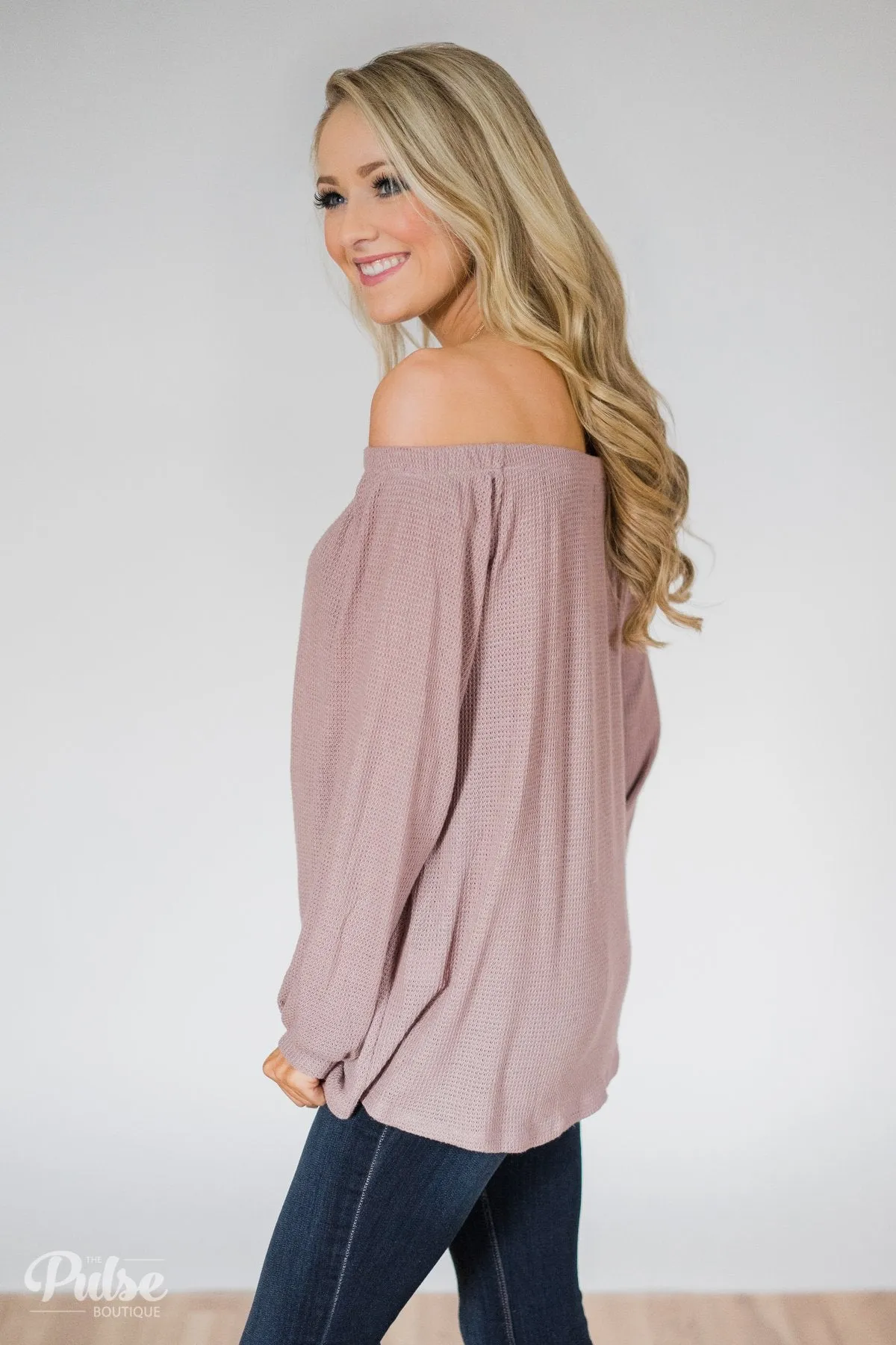 Thermal Off the Shoulder Button Top- Dusty Mauve