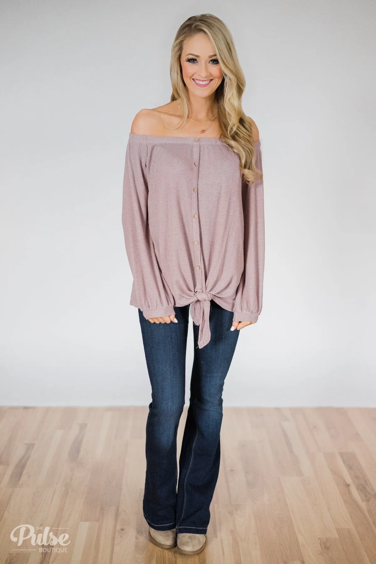 Thermal Off the Shoulder Button Top- Dusty Mauve