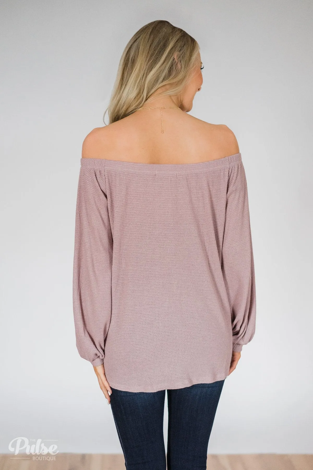 Thermal Off the Shoulder Button Top- Dusty Mauve