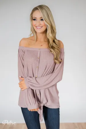Thermal Off the Shoulder Button Top- Dusty Mauve