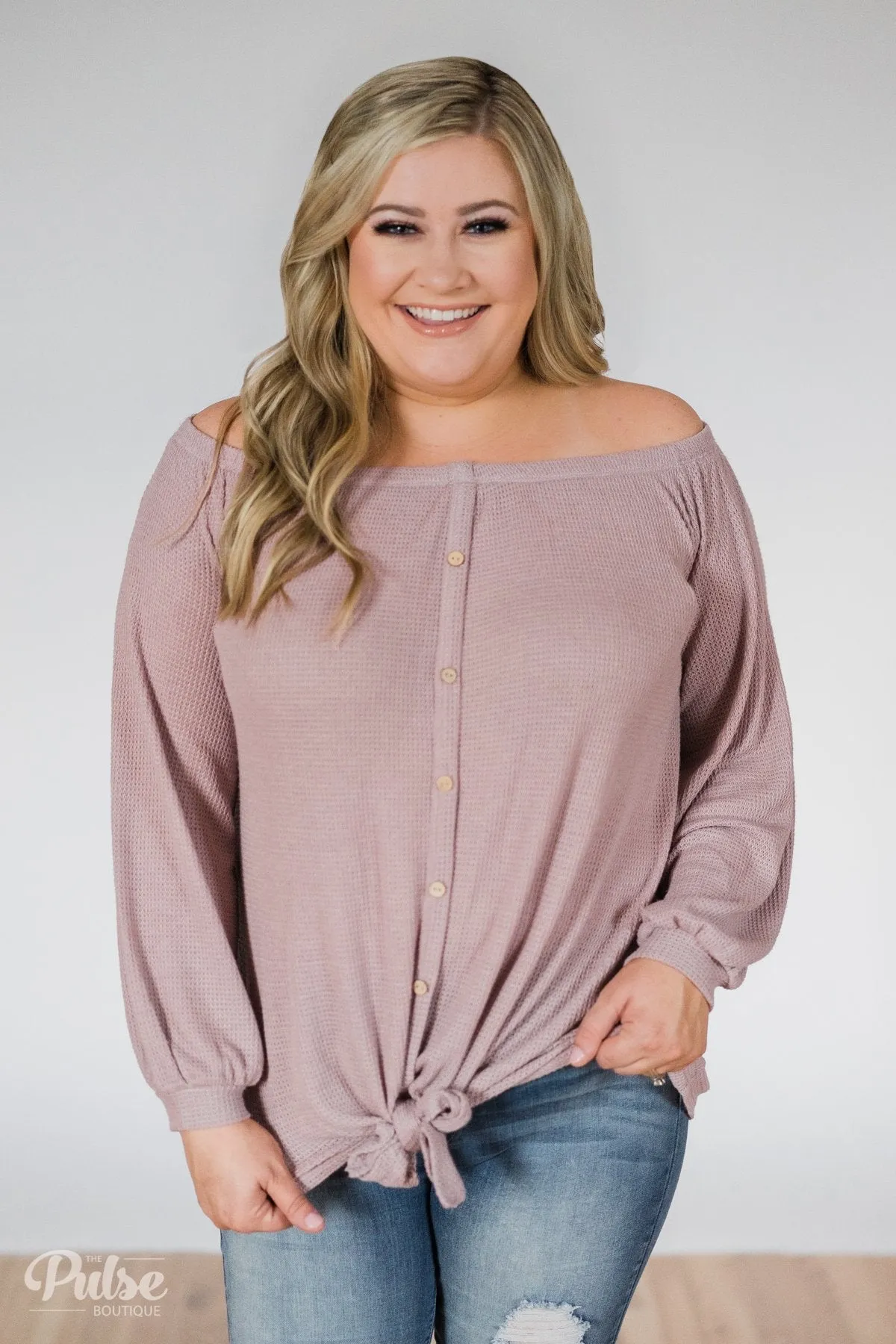 Thermal Off the Shoulder Button Top- Dusty Mauve