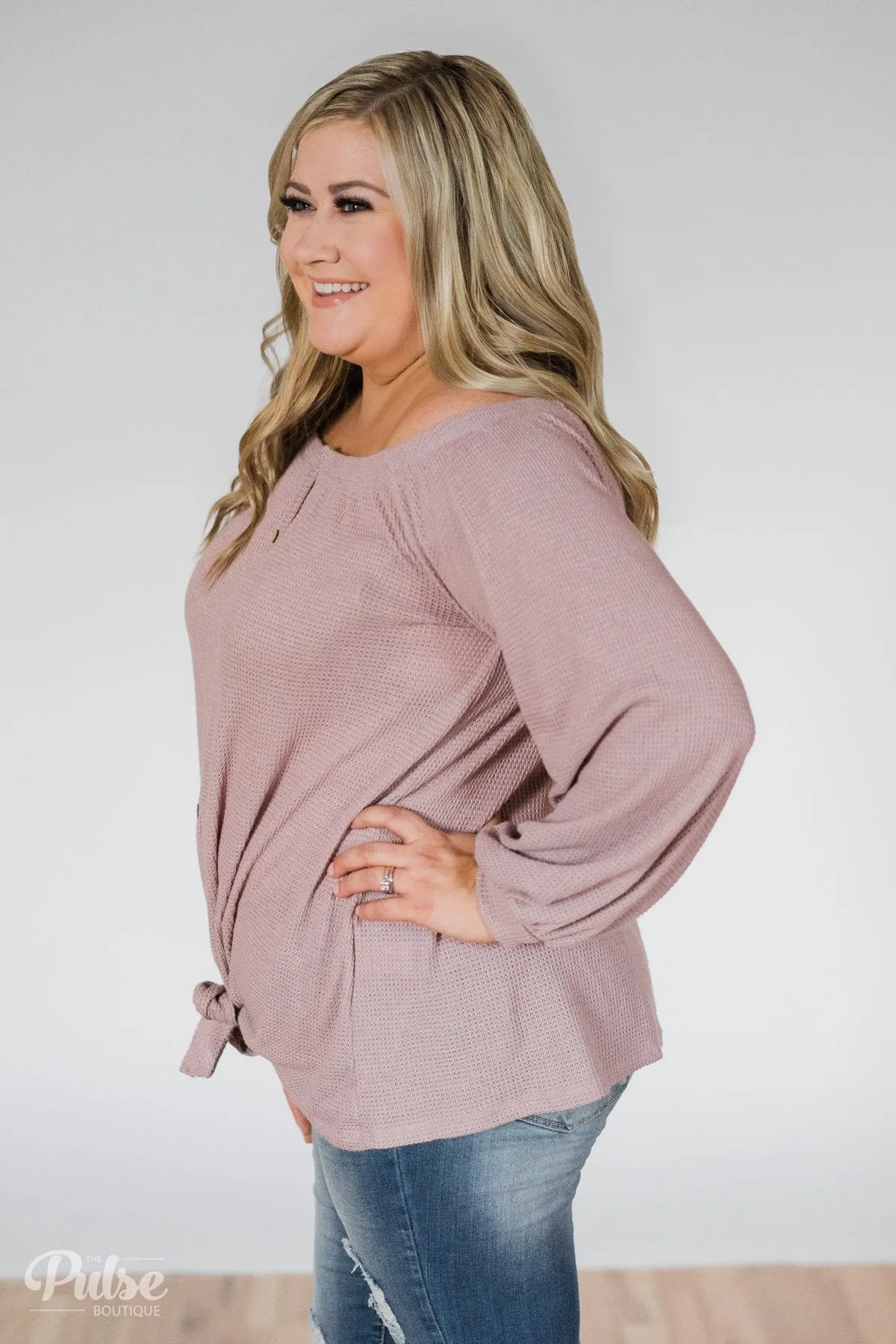 Thermal Off the Shoulder Button Top- Dusty Mauve