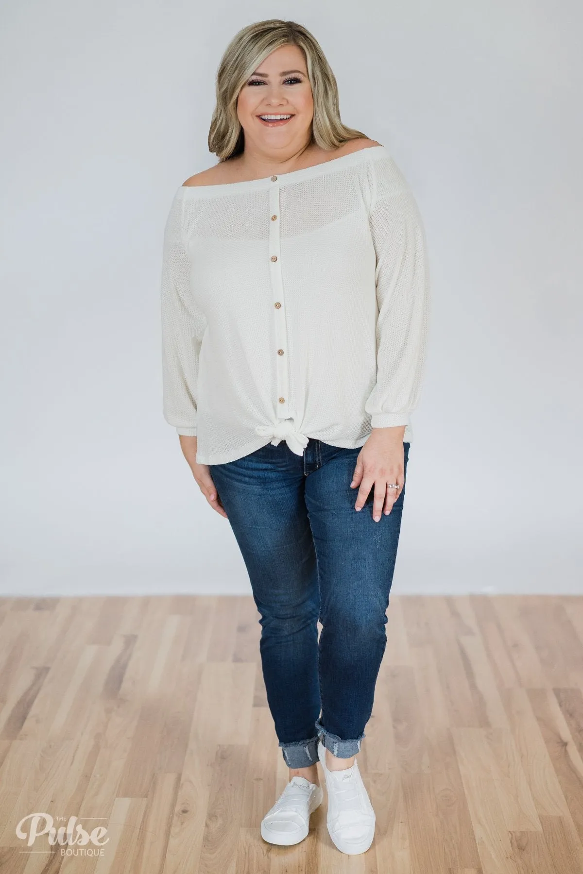 Thermal Off the Shoulder Button Top- Ivory