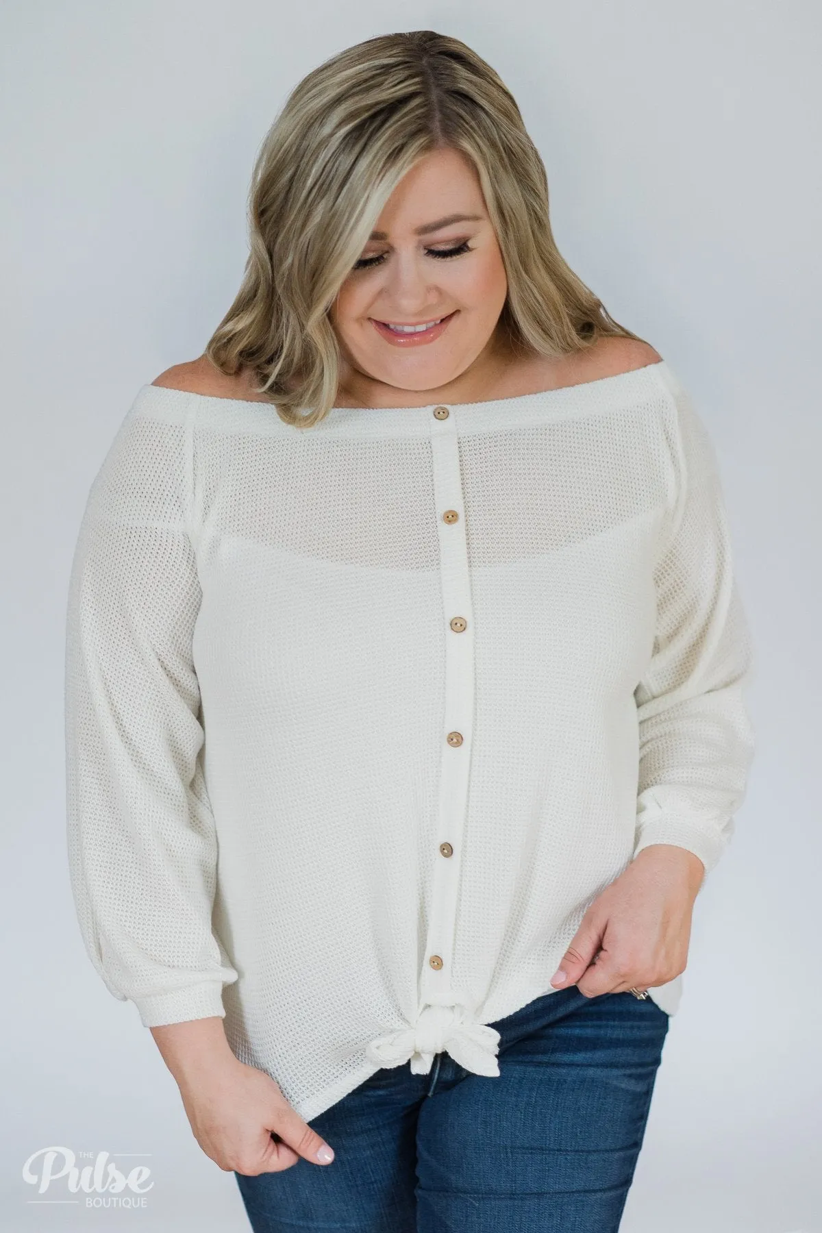 Thermal Off the Shoulder Button Top- Ivory