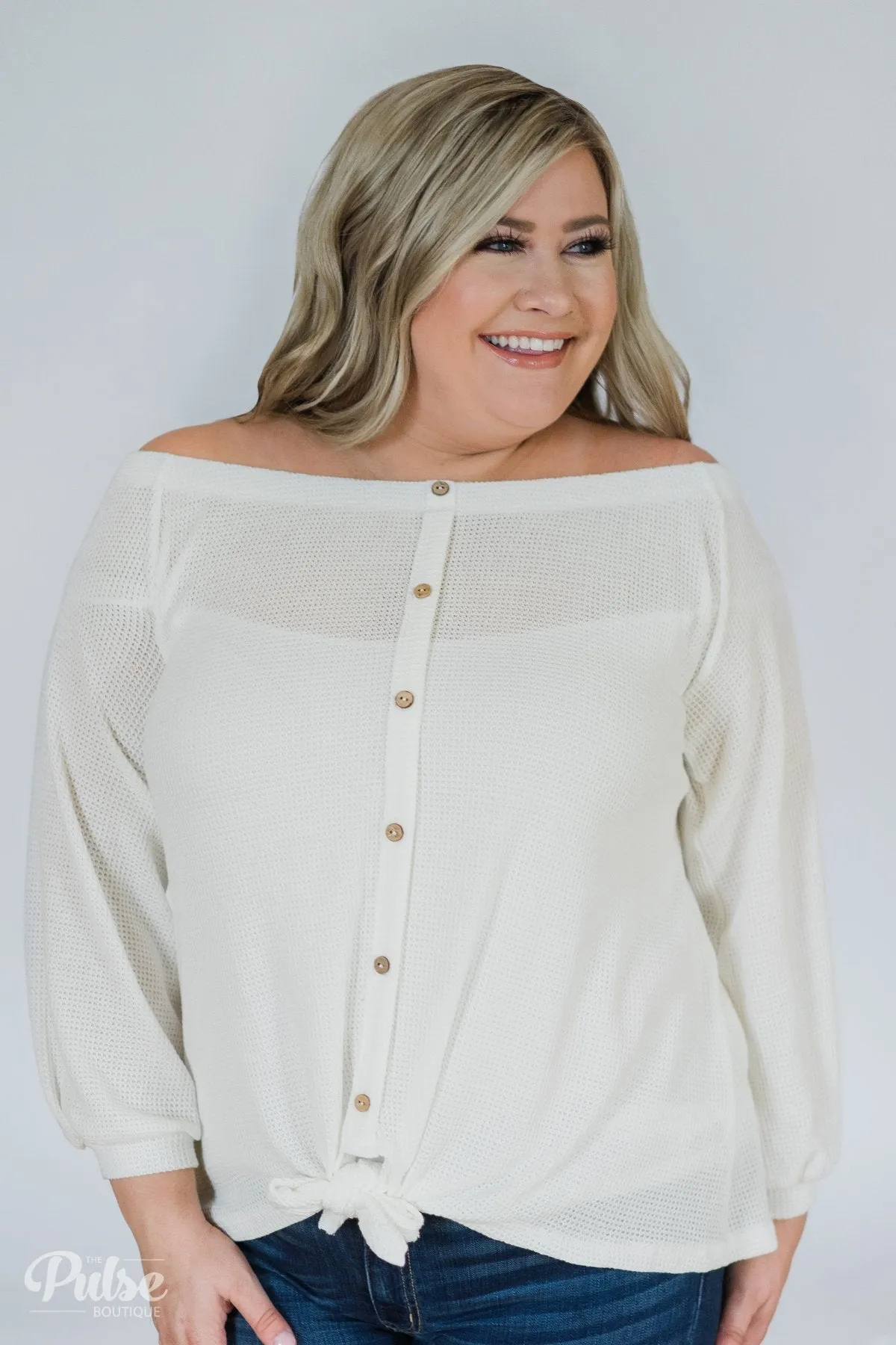 Thermal Off the Shoulder Button Top- Ivory