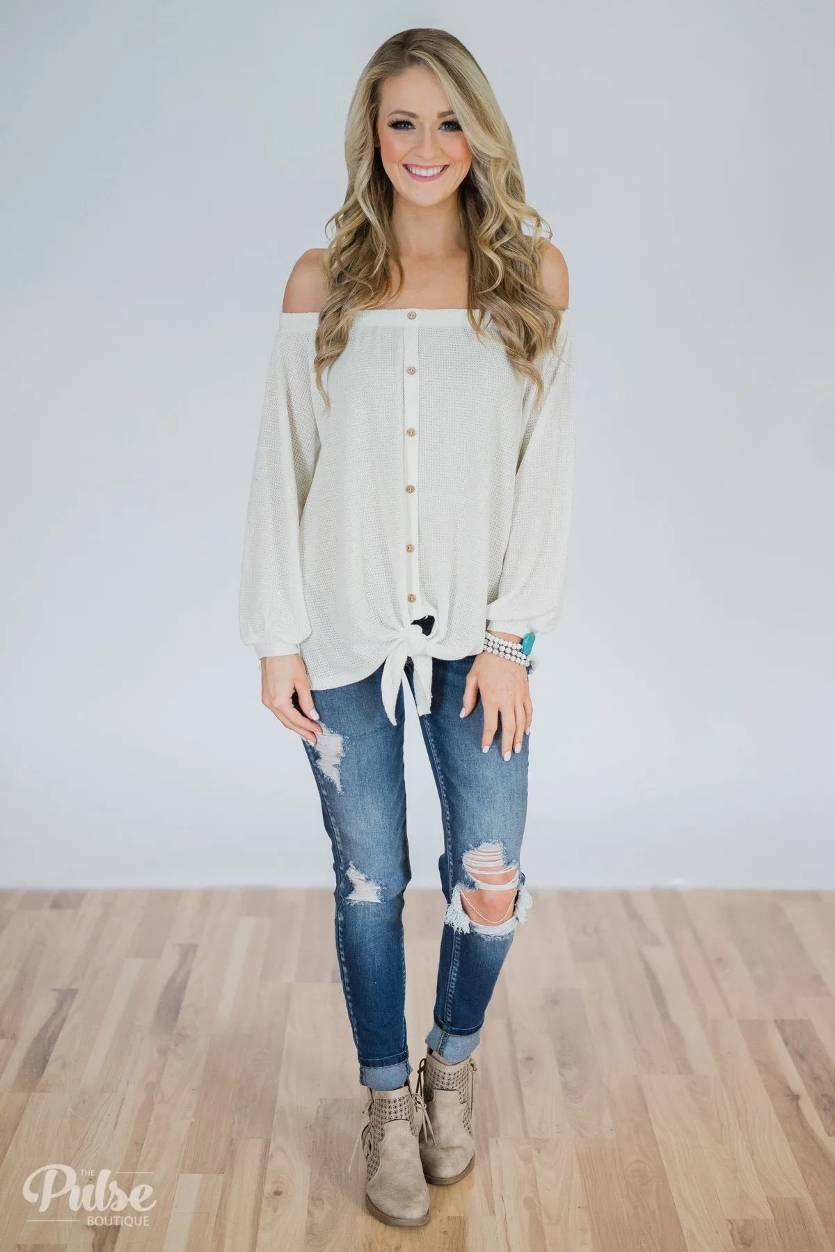 Thermal Off the Shoulder Button Top- Ivory