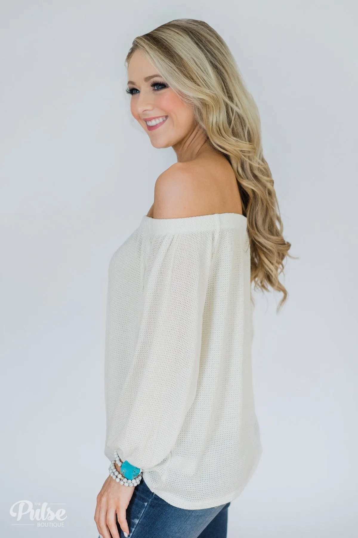 Thermal Off the Shoulder Button Top- Ivory