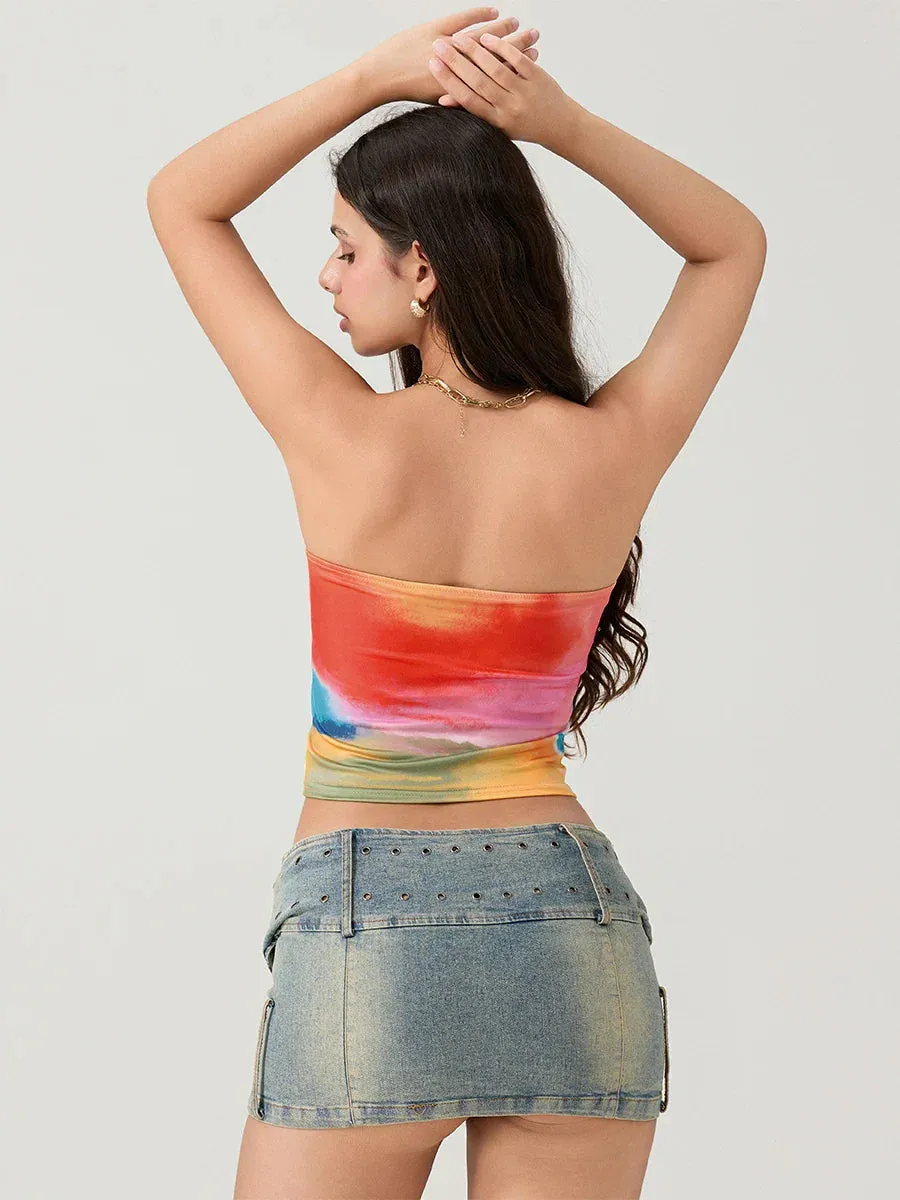 Tie-dyed Wrap Strapless Sleeveless Off-shoulder Tube Top