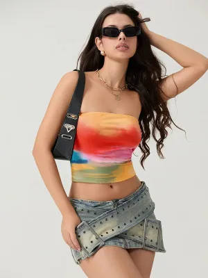 Tie-dyed Wrap Strapless Sleeveless Off-shoulder Tube Top