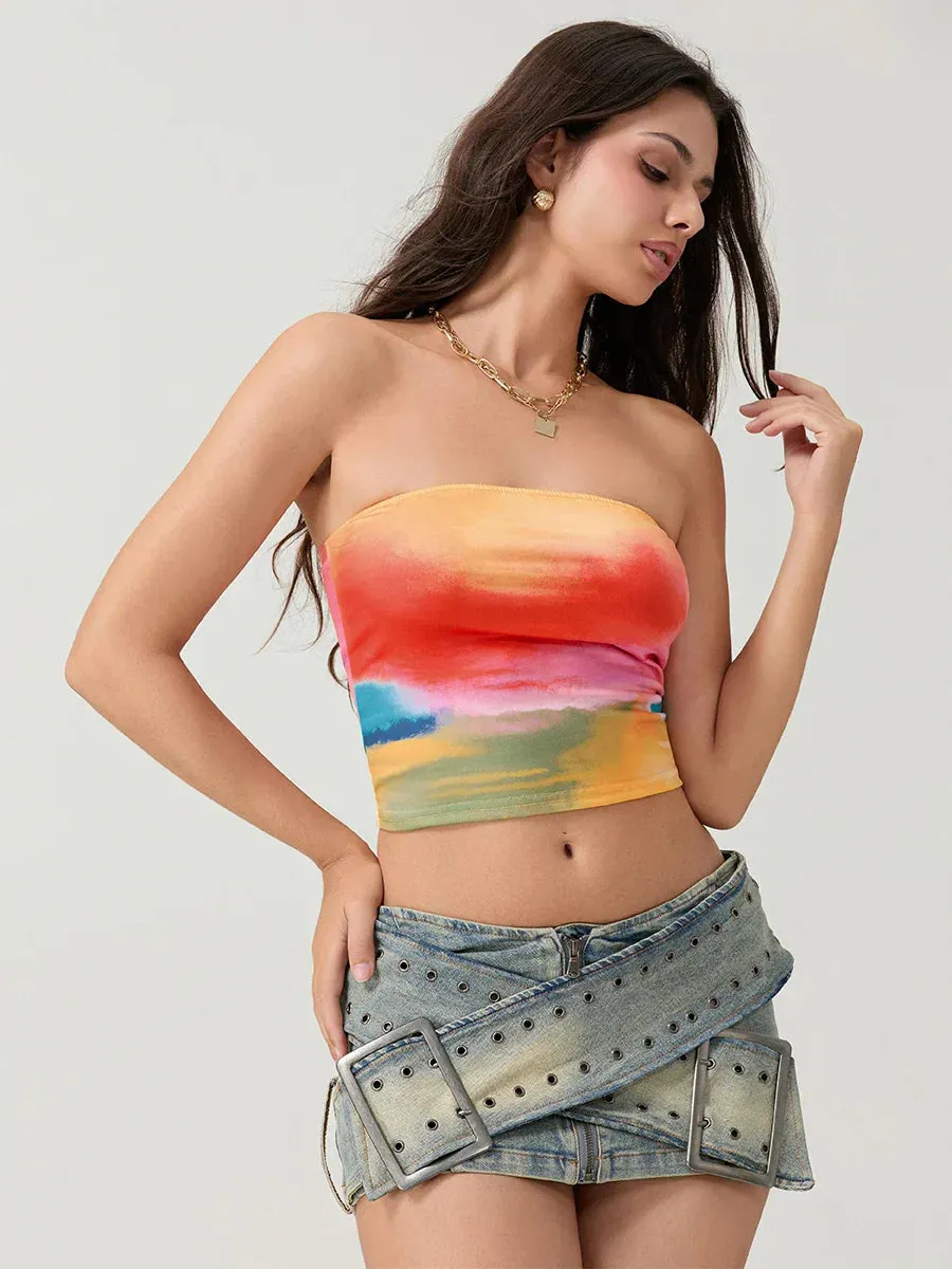 Tie-dyed Wrap Strapless Sleeveless Off-shoulder Tube Top
