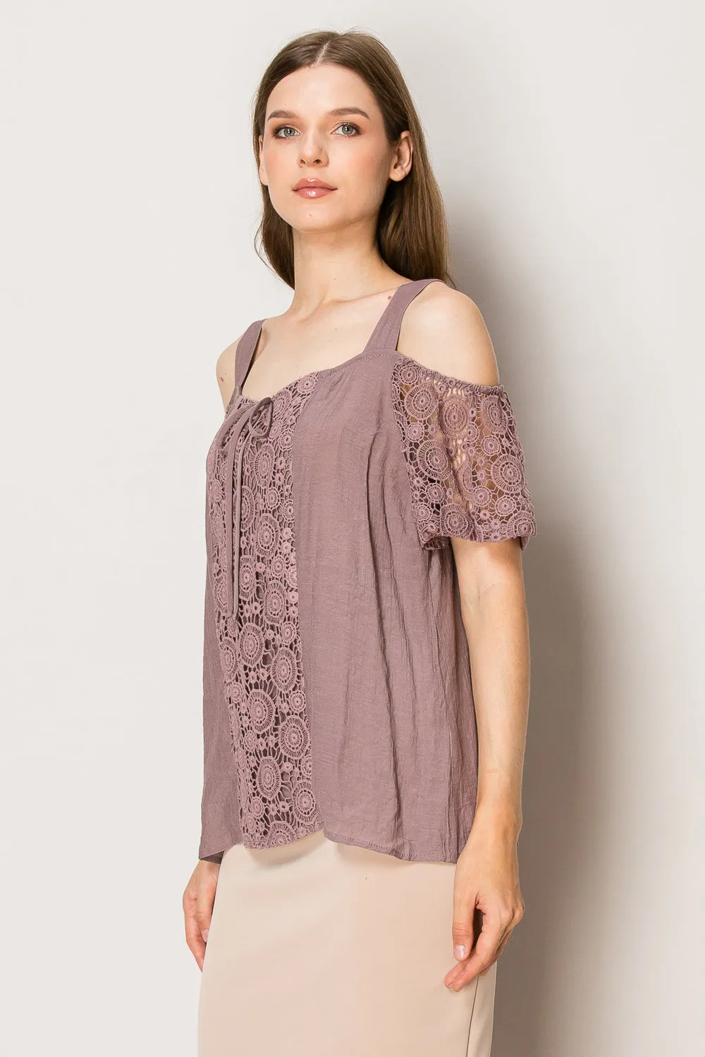 TIE FRONT LACE COLD SHOULDER BLOUSE
