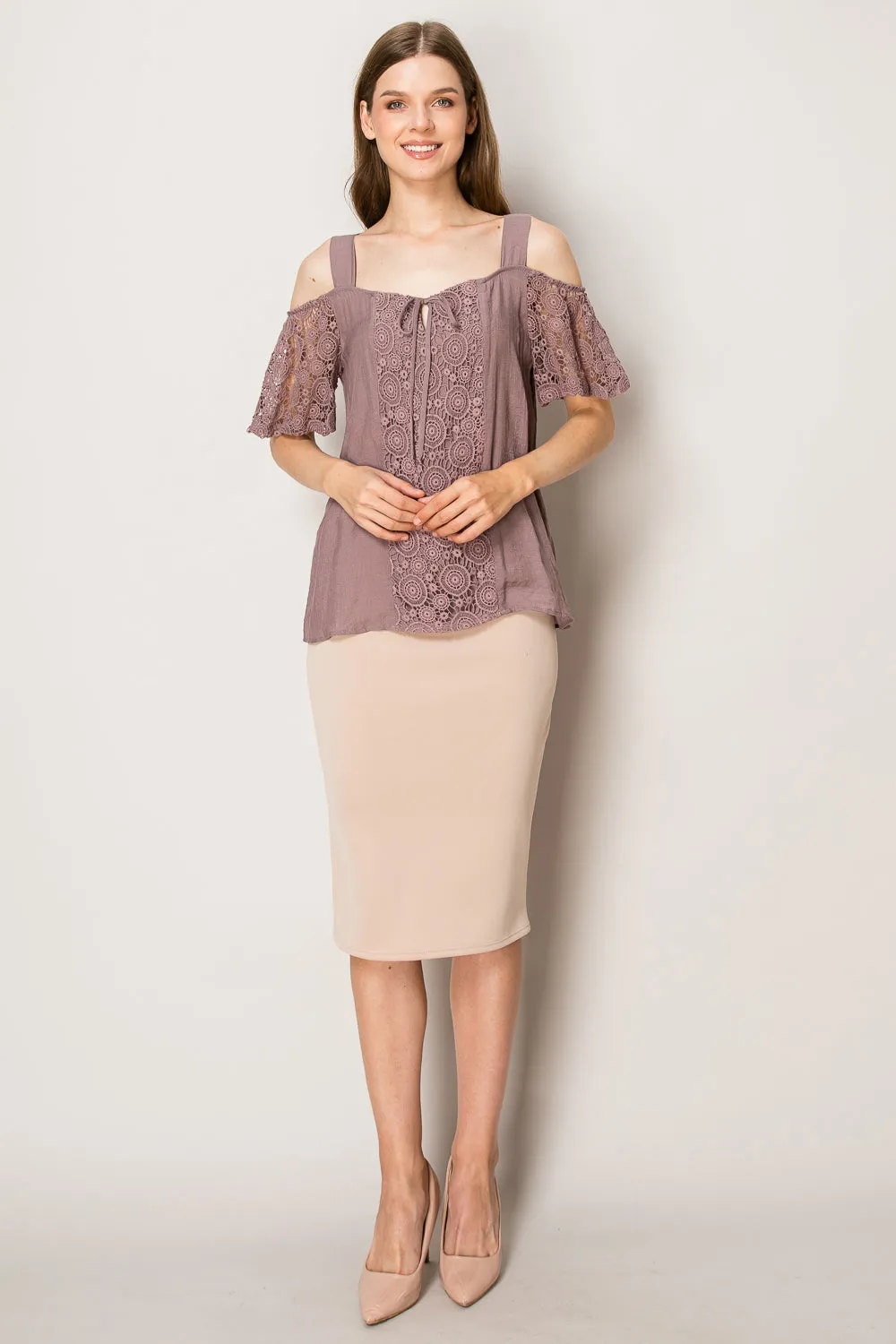 TIE FRONT LACE COLD SHOULDER BLOUSE