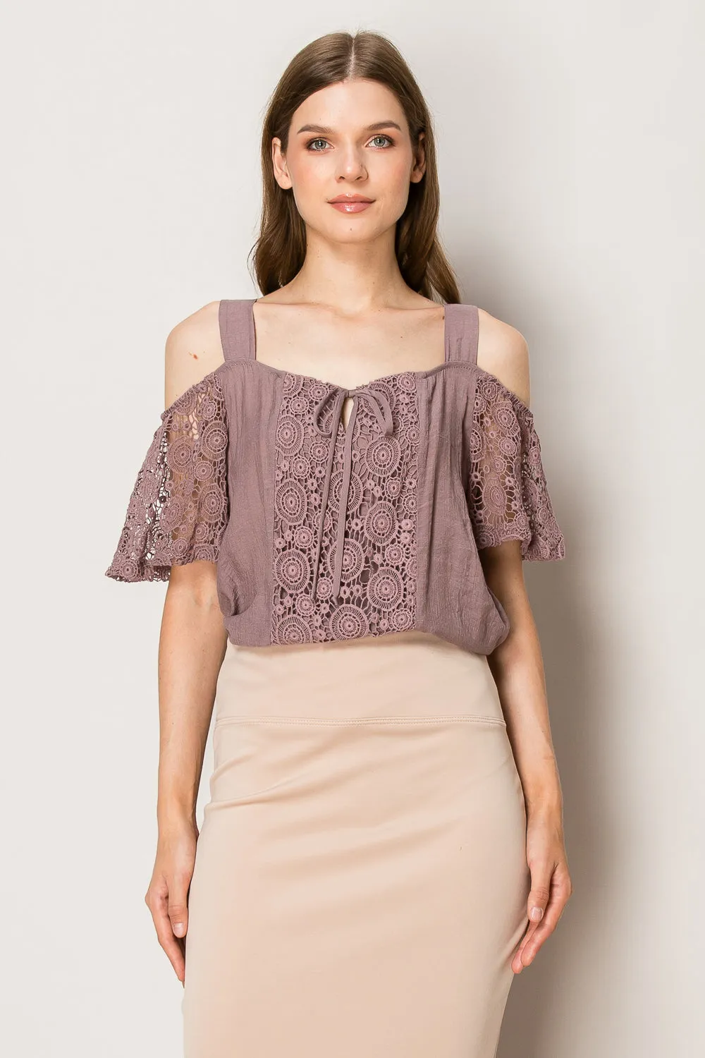 TIE FRONT LACE COLD SHOULDER BLOUSE