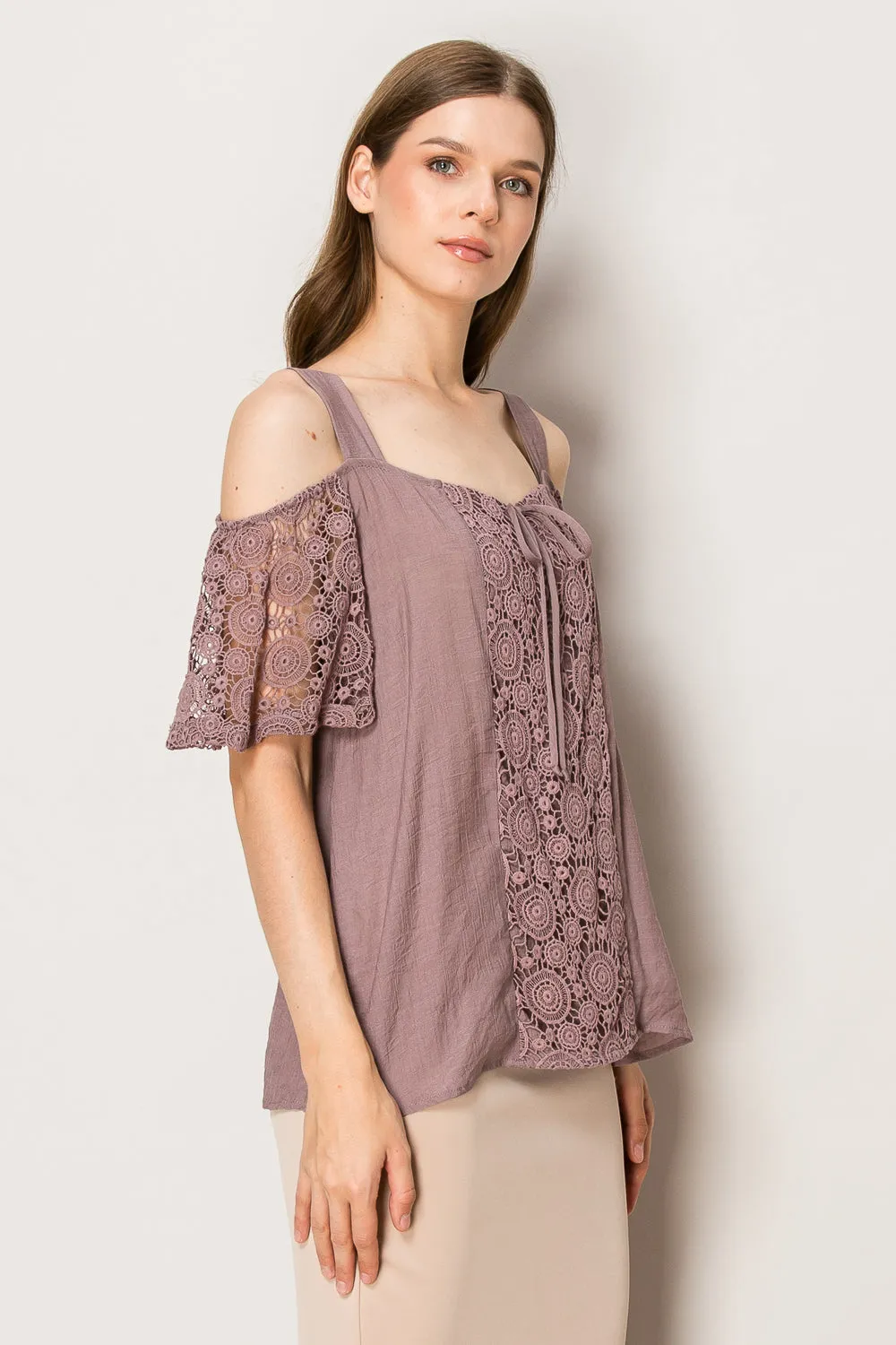TIE FRONT LACE COLD SHOULDER BLOUSE