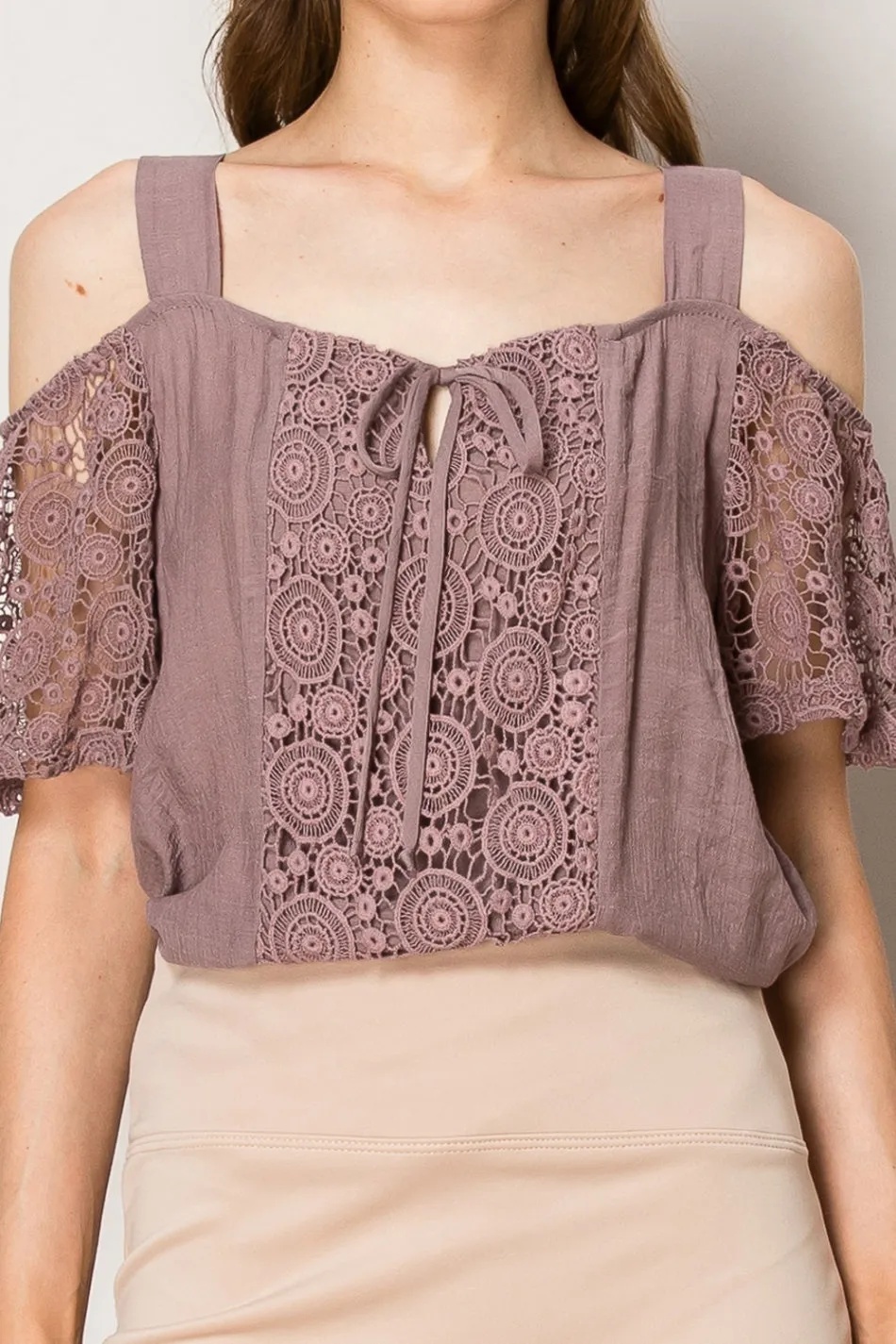 TIE FRONT LACE COLD SHOULDER BLOUSE