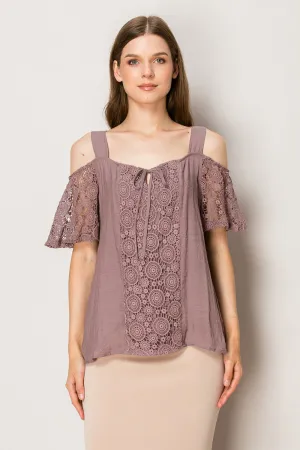 TIE FRONT LACE COLD SHOULDER BLOUSE