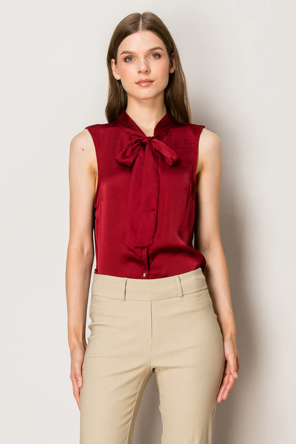 TIE NECK BUTTON DOWN SLEEVELESS SATIN BLOUSE