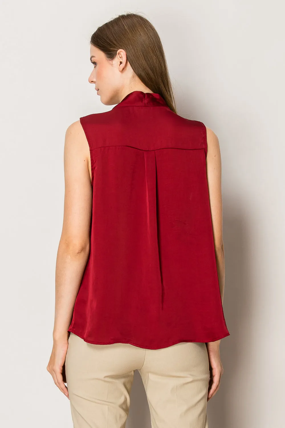 TIE NECK BUTTON DOWN SLEEVELESS SATIN BLOUSE