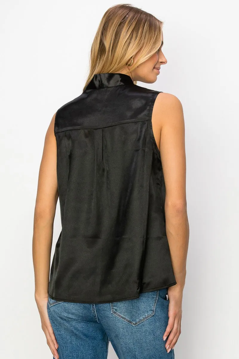 TIE NECK BUTTON DOWN SLEEVELESS SATIN BLOUSE