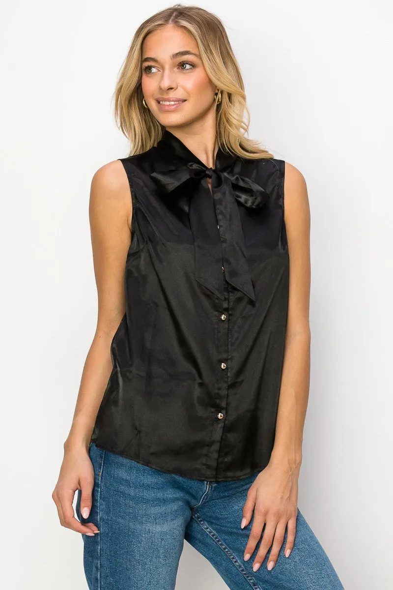 TIE NECK BUTTON DOWN SLEEVELESS SATIN BLOUSE