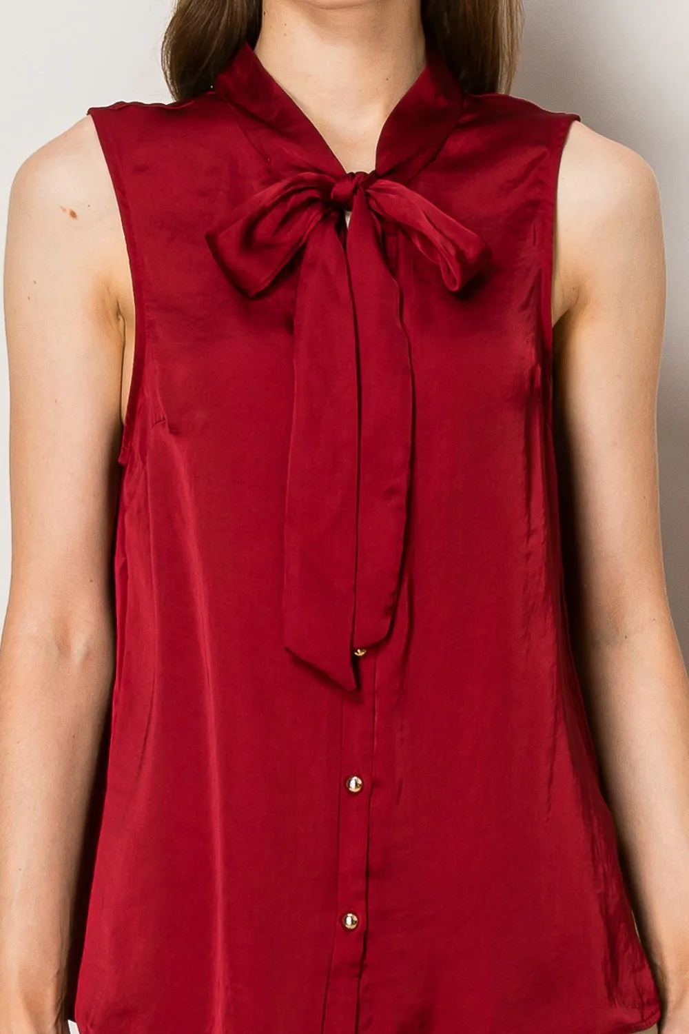 TIE NECK BUTTON DOWN SLEEVELESS SATIN BLOUSE