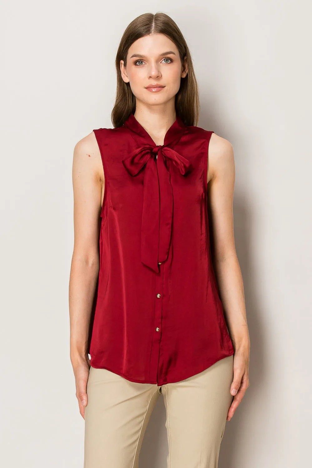 TIE NECK BUTTON DOWN SLEEVELESS SATIN BLOUSE