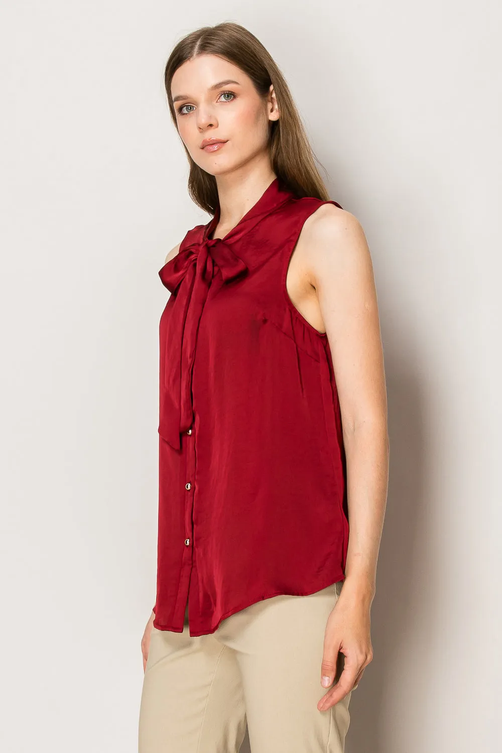 TIE NECK BUTTON DOWN SLEEVELESS SATIN BLOUSE
