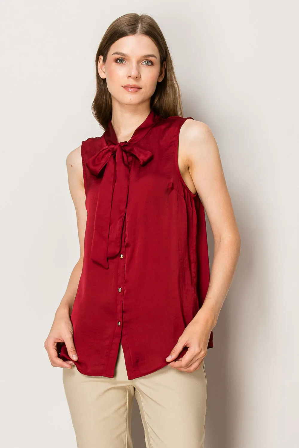 TIE NECK BUTTON DOWN SLEEVELESS SATIN BLOUSE