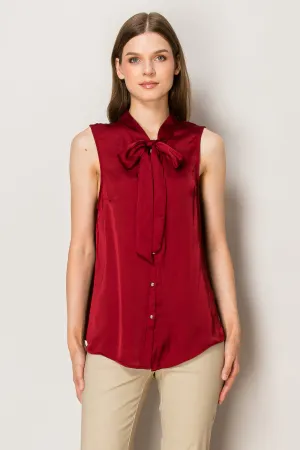 TIE NECK BUTTON DOWN SLEEVELESS SATIN BLOUSE