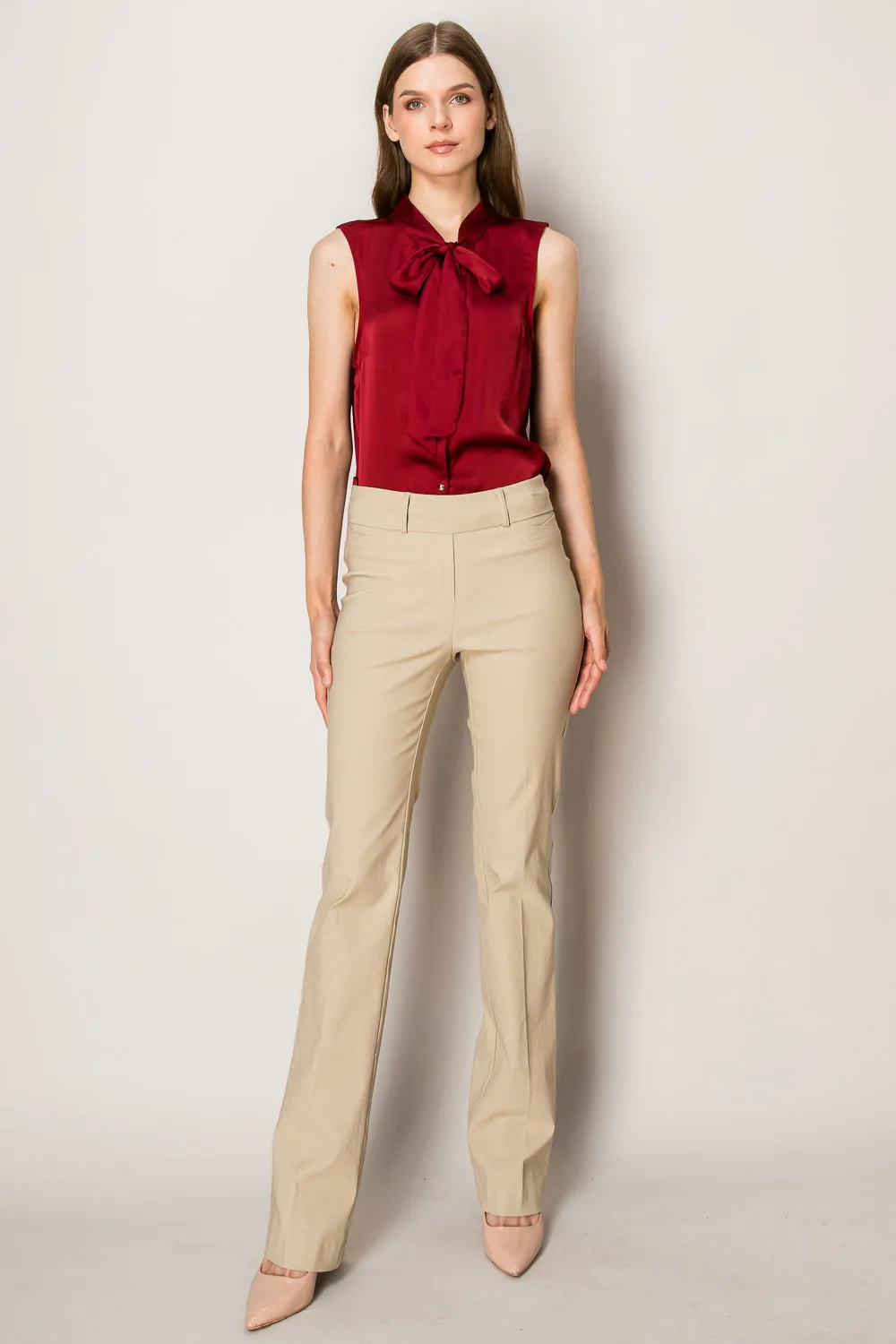 TIE NECK BUTTON DOWN SLEEVELESS SATIN BLOUSE